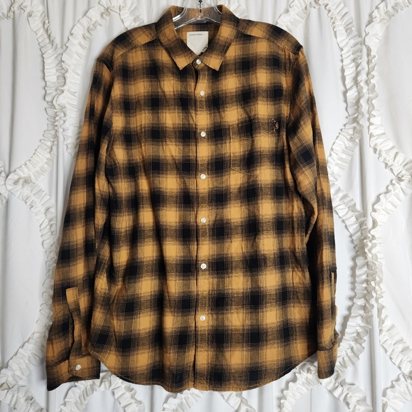 Life After Denim Plaid Fall Yellow Orange Black Flannel Shirt Sz Large - Picture 1 of 4